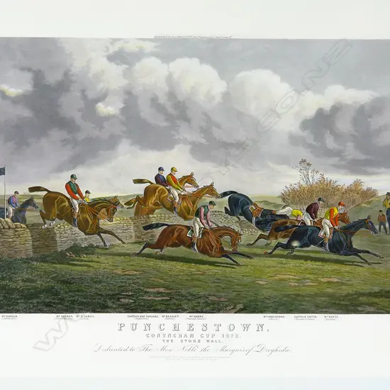 A 19thC steeple chase engraving 'Punchestown Conyngham cup 1872. The Stone Wall'