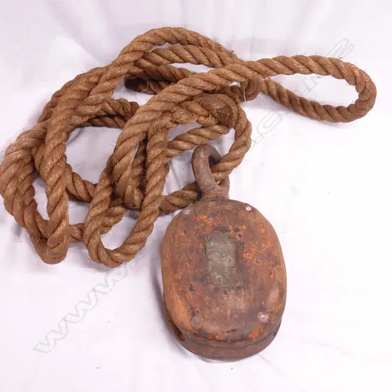 An old ship's wood and galvanised steel double pulley