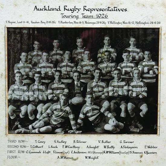 A vintage black and white photograph of the 'Auckland Rugby Representatives Touring Team 1926'