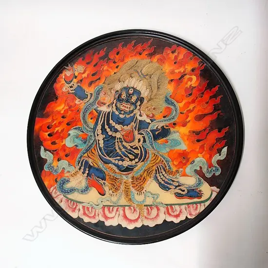 A Tibetan cloisonnè and black lacquer circular tray