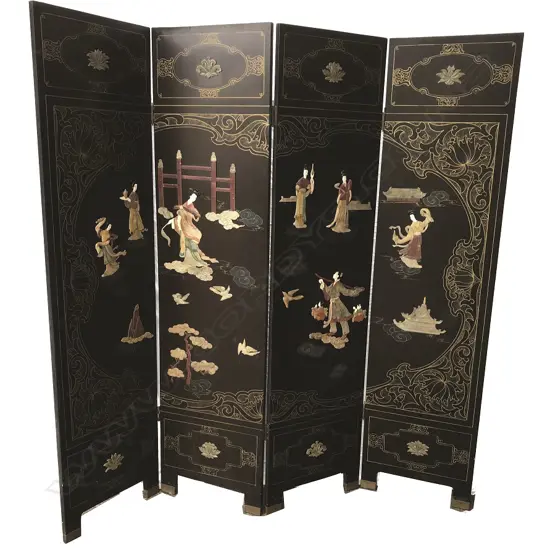 A Chinese black lacquer four-fold screen with hardstone and ivory decoration of figures