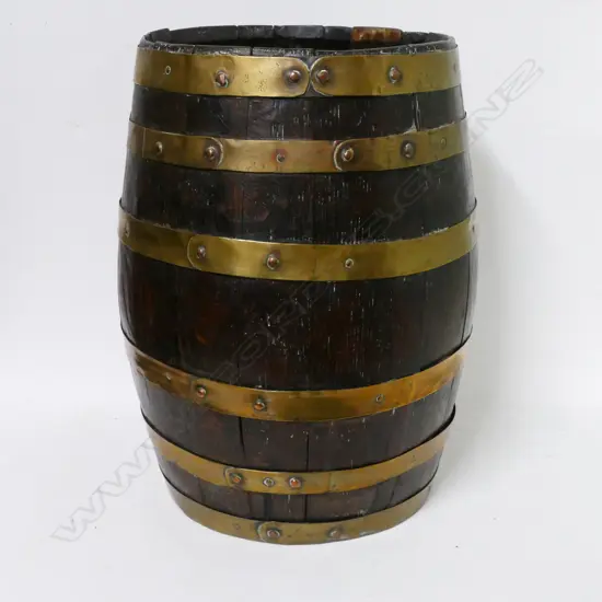SMALL OAK & BRASS BARREL