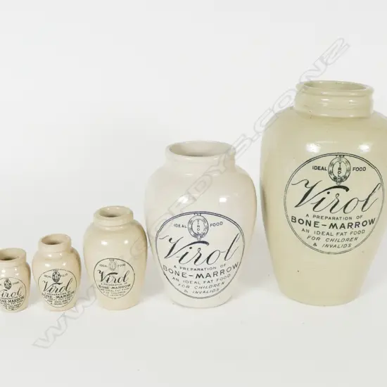Five vintage stoneware Virol graduated bone marrow pots