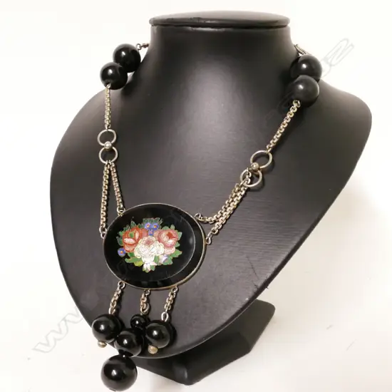 A Victorian pietra dura pendant and silver chain