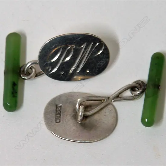 A pair of early 20thC N.Z. silver and greenstone cufflinks by A. Kohn