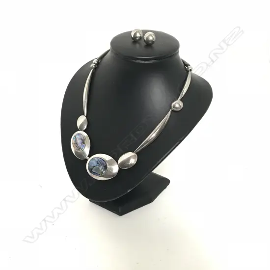 A vintage Roy Mason silver and paua necklace and earring suite