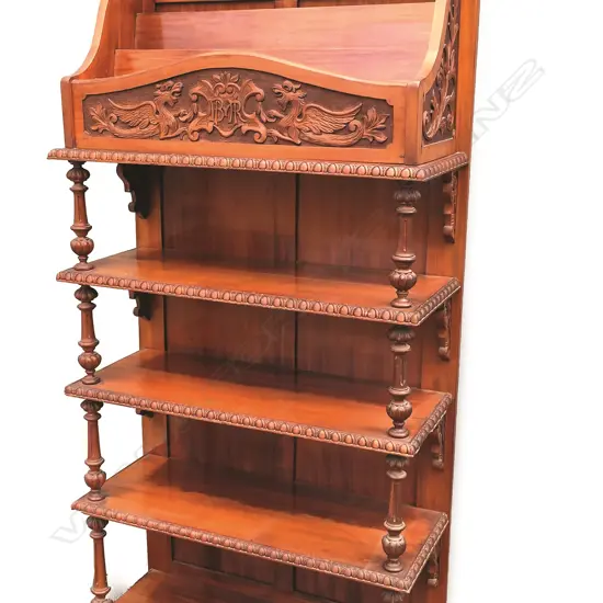 A good New Zealand colonial carved rimu whatnot bookcase with provenance